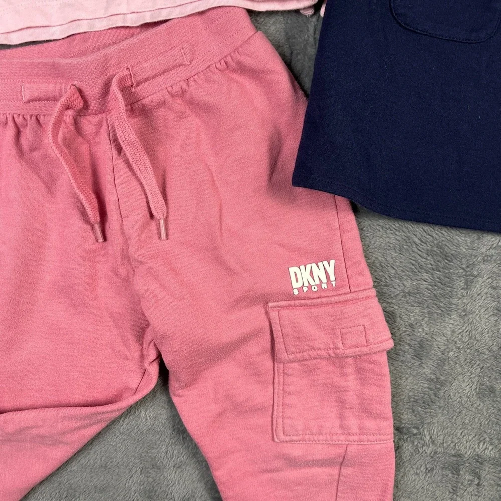 DKNY & Childrens Place Girls 4T Outfit Lot 3pc Pink Fleece Pants Tee Navy Dress